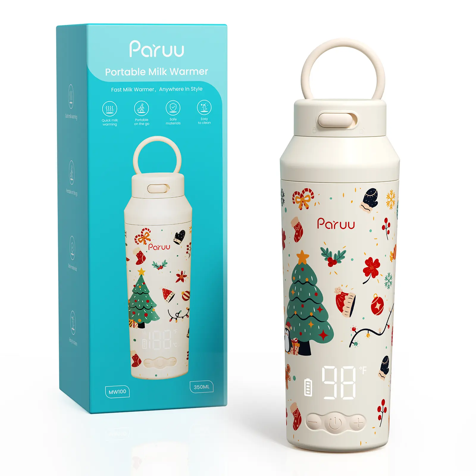 Paruu Portable Bottle Warmer for Travel & Night Feeding, BPA-Free, 7-Temperature Settings, Child-Lock, 12oz Large Capacity, Easy-Clean Wide Mouth, Fast Heating, Christmas Limited Edition Beige (Baby & Maternity Nursing Accessory), Battery, Hooks