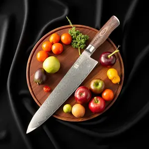 Ultra-sharp Damascus steel kitchen knife for home chefs, slicing knife with wooden handle, for cutting vegetables and meat, ideal for gifts.