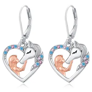 DRINSPER 925 Sterling Silver Earrings for Daughter, Horse Earrings, Girl and Horse Design, Zirconia Decor, Silver Jewelry Birthday Gift
