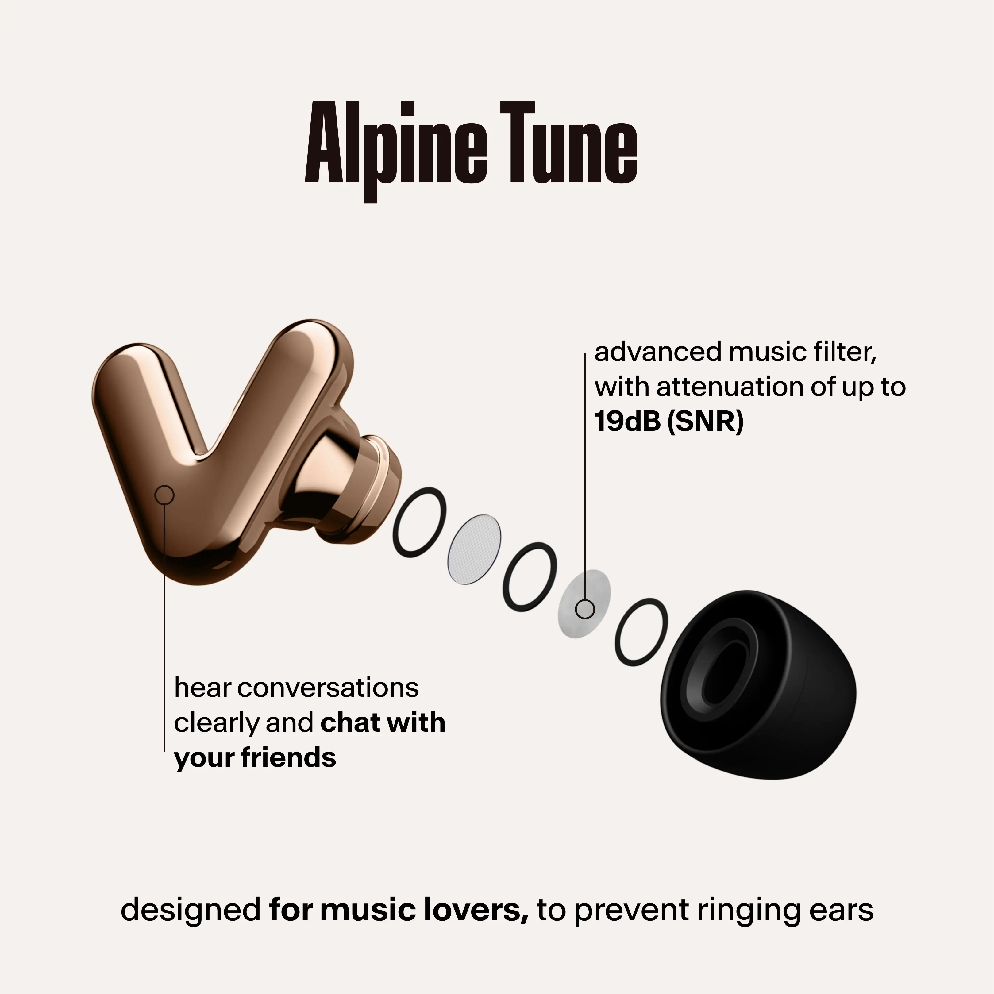Alpine Tune Earplugs – For Festivals & Concerts, (19dB SNR) Daily Hearing Protection, fit 4 different Ear-sizes + Handy Storage Case