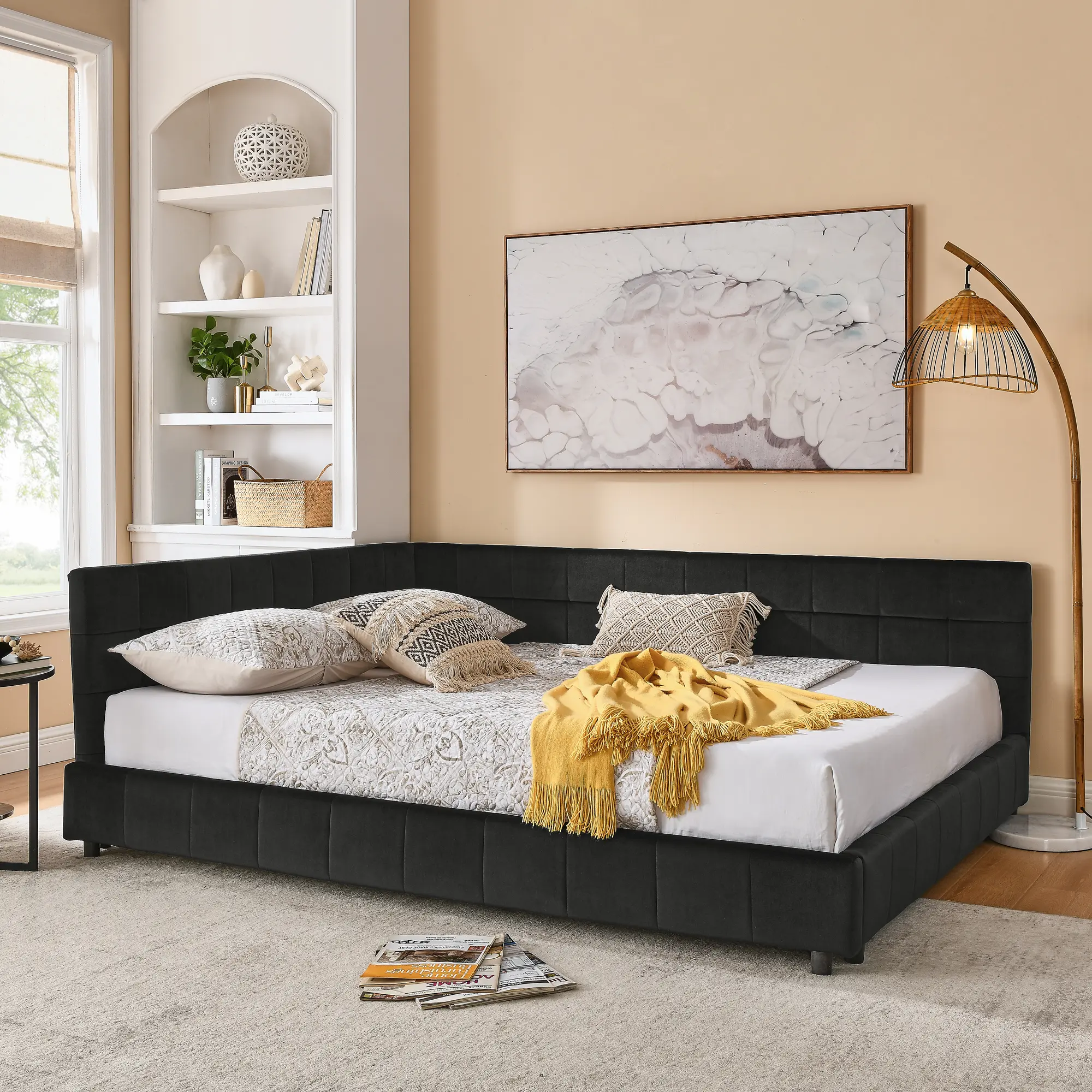 Velvet Upholstered Queen Daybed with Tufted Backrest and Armrests, Mid-Century Sofa Bed Frame, Eucalyptus Wood, No Box Spring Needed, Black