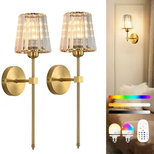 LED Crystal Wall Light, Vintage Metal RGB Dimmable, Wireless Rechargeable E27 Bulb, Indoor Decor for Bedroom Living Room Hallway, Wall Sconces Lights, Wall Lamps