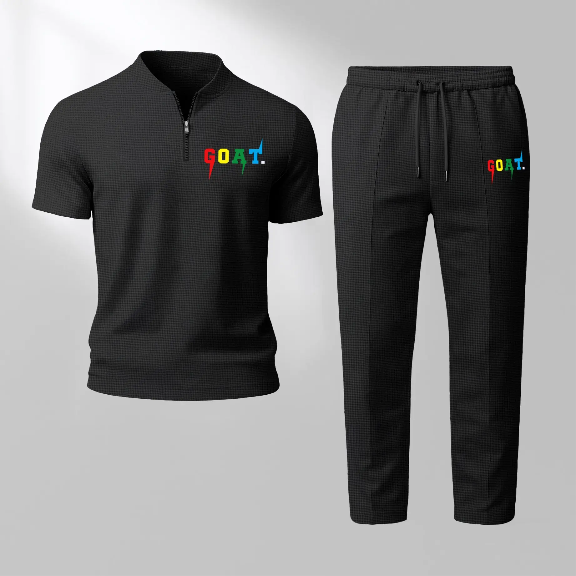 Men's GOAT Print Zip Henley Collar Short Sleeve and Long Pants Two Piece Set Made with Waffle Knit Fabric Breathable Soft Texture Loose Fit for Casual Everyday Wear