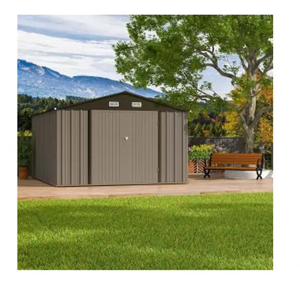 GARVEE 10x12 ft Large Outdoor Metal Storage Shed with Sturdy Metal Frame, Lockable Door, Single Unit for Garden, Backyard Use, Durable Brown Tool Shed