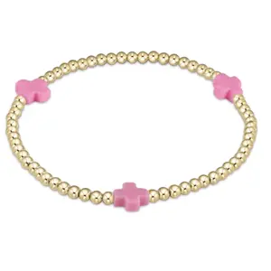 E Newton Signature Cross Gold Pattern 3mm Bead Bracelet Pink Bright
