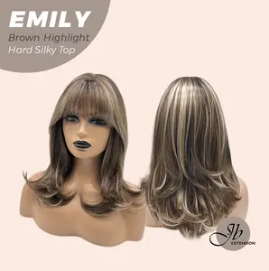 JBEXTENSION 18 Inches Scalpiana Curly Brown Highlight 3.5X4 Hard Silky Top Natural Scalp Effect Wig with Bangs EMILY