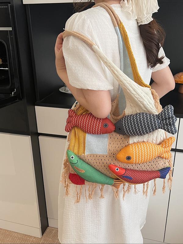 Stylish Rainbow Color Women's Knitted Bag with Colorful Fish Pattern, Versatile Shoulder Bag for Work, Shopping, Outings and Daily Use