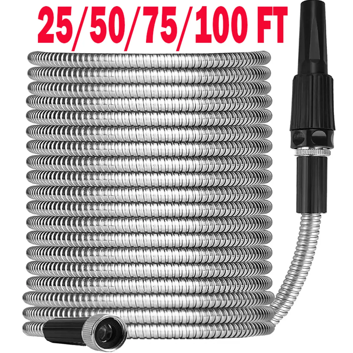 Metallic 304 Stainless Steel Kink-Free Flexible Garden Watering Hose with 6-Spray-Function High Pressure Sprayer Nozzle, 14mm (0.6") Diameter, 25FT/50FT/75FT/100FT Lengths, Durable for Home Improvement & Garden Use