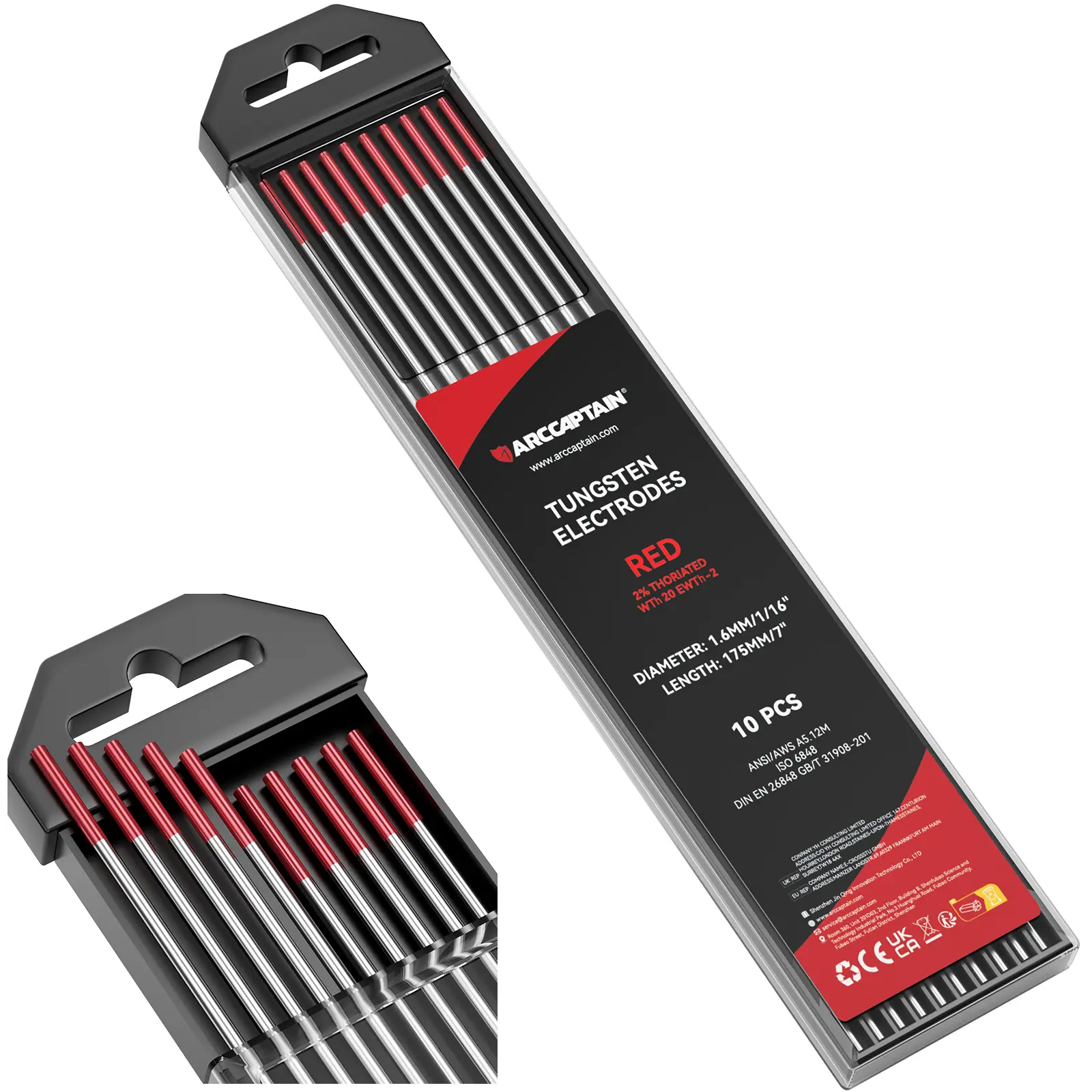 ARCCAPTAIN TIG Welding Tungsten Electrode 10-Pack - 1/8''/1/16''/3/32''x7'' Red 2% Thoriated (WT20/EWth-2), Vacuum Packaged, DC Welding Compatible, High Current Load, Extended Shelf Life, for Stainless Steel, Father's Day Gift