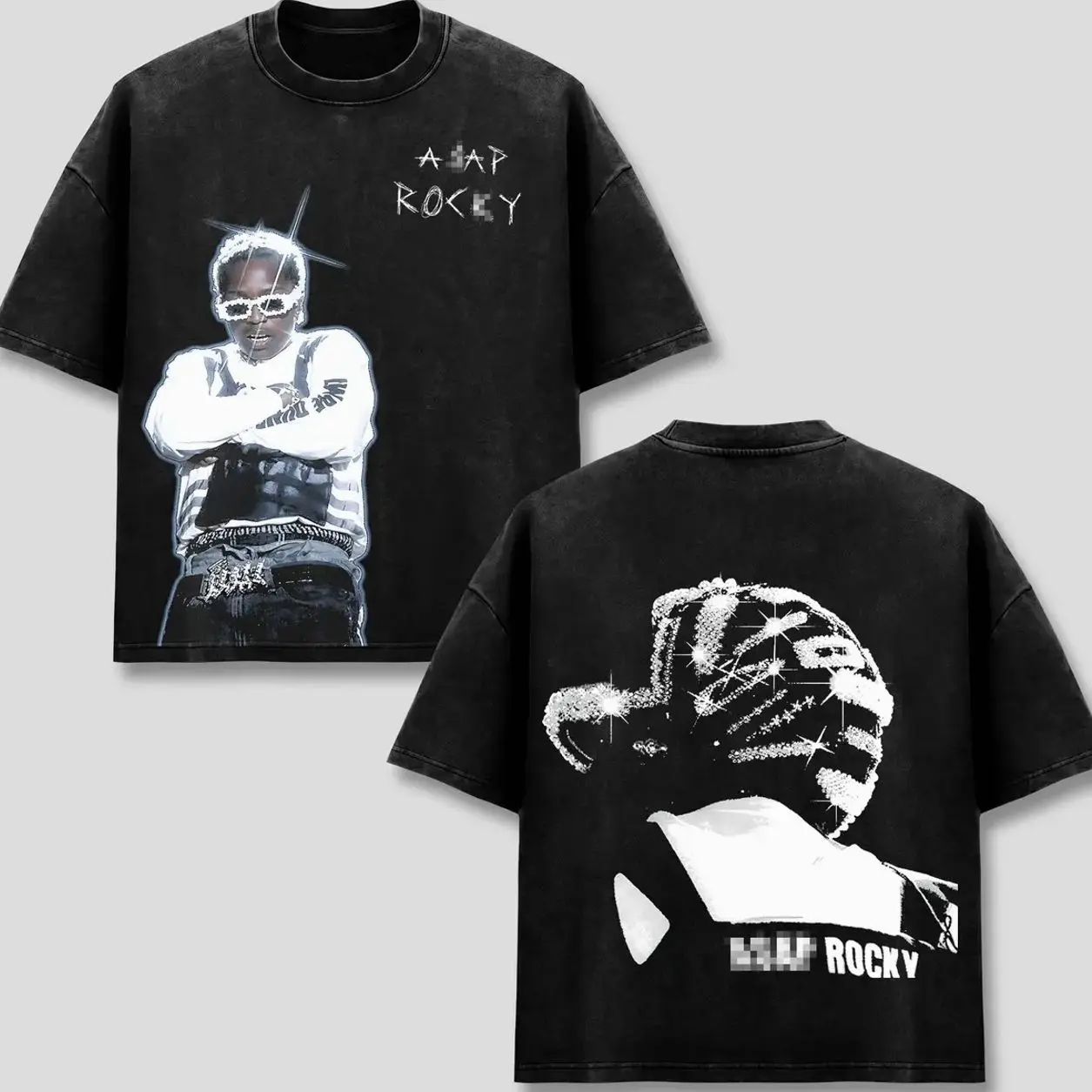 Rocky T-Shirt, AWGE Testing Tee, Hip Hop Rap Concert Top, Vintage Acid Wash Graphic Shirt, Retro Y2K Streetwear Merch, Sparkle Star Hip-Hop Apparel, Men Women Short Sleeve Heavyweight Premium Black Cotton Wear G75