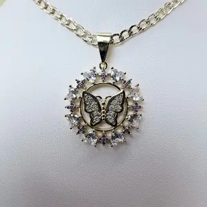 14K Gold Plated Butterfly Pendant with Clear and Purple Gems for Women with 22in Cuban Chain