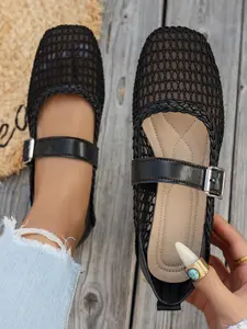 Women's Vintage Classic Mary Jane Shoes, Textile Mesh Upper, Rubber Sole, Square Toe Design, Comfortable Daily Wear & Commute Footwear, All-Season Style, Walking Shoes