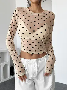 Women Dot Pattern Long Sleeve Semi-transparent Top Form-fitting Net Fabric Round Neck Long Sleeved T-shirt Clothes Spring Summer Trendy Outfits