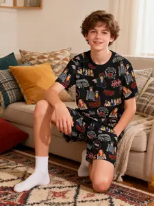 Stranger Things Demogorgon Print Short Sleeve Shorts Pajama Set, Comfortable Soft Sleepwear for All Seasons, Fashionable pajamas for going out