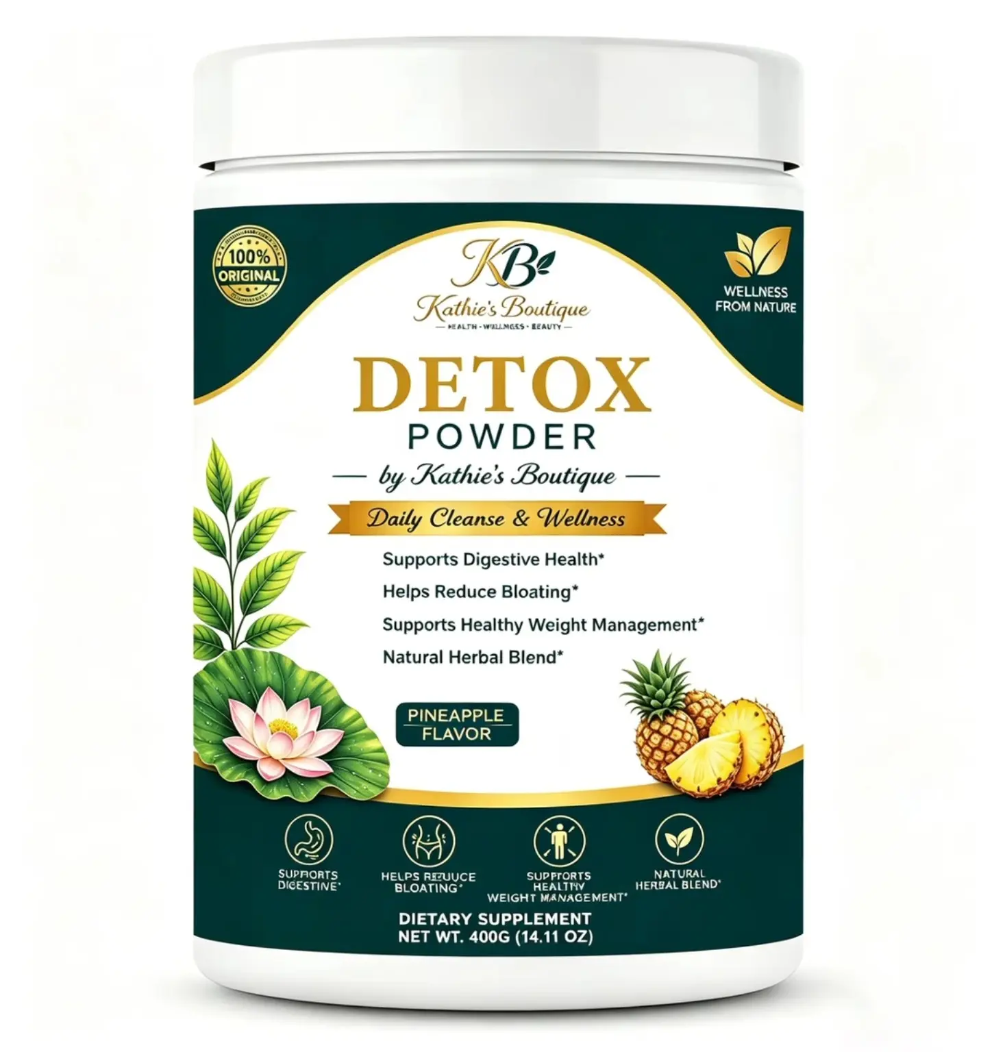 Kathie's Boutique Detox Powder | Pineapple Flavor | Daily Cleanse & Wellness | Herbal Dietary Supplement | 14.11 oz (400 g)
