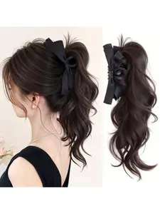 14-Inch Clip-In Wavy Ponytail Extension, Detachable Large Bow, Easy-To-Use Synthetic Hair, Volume and Length Boost, Daily and Party Use