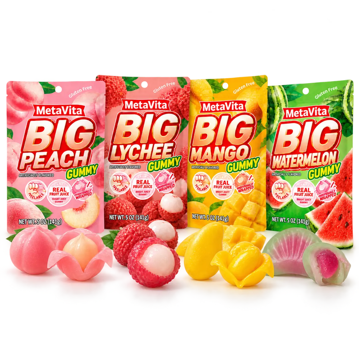 MetaVita BIG Peelable Gummy Candy, Fruit Flavored Soft Chewy Gummies, Individually Wrapped, Each bag contains 5 oz (141g)