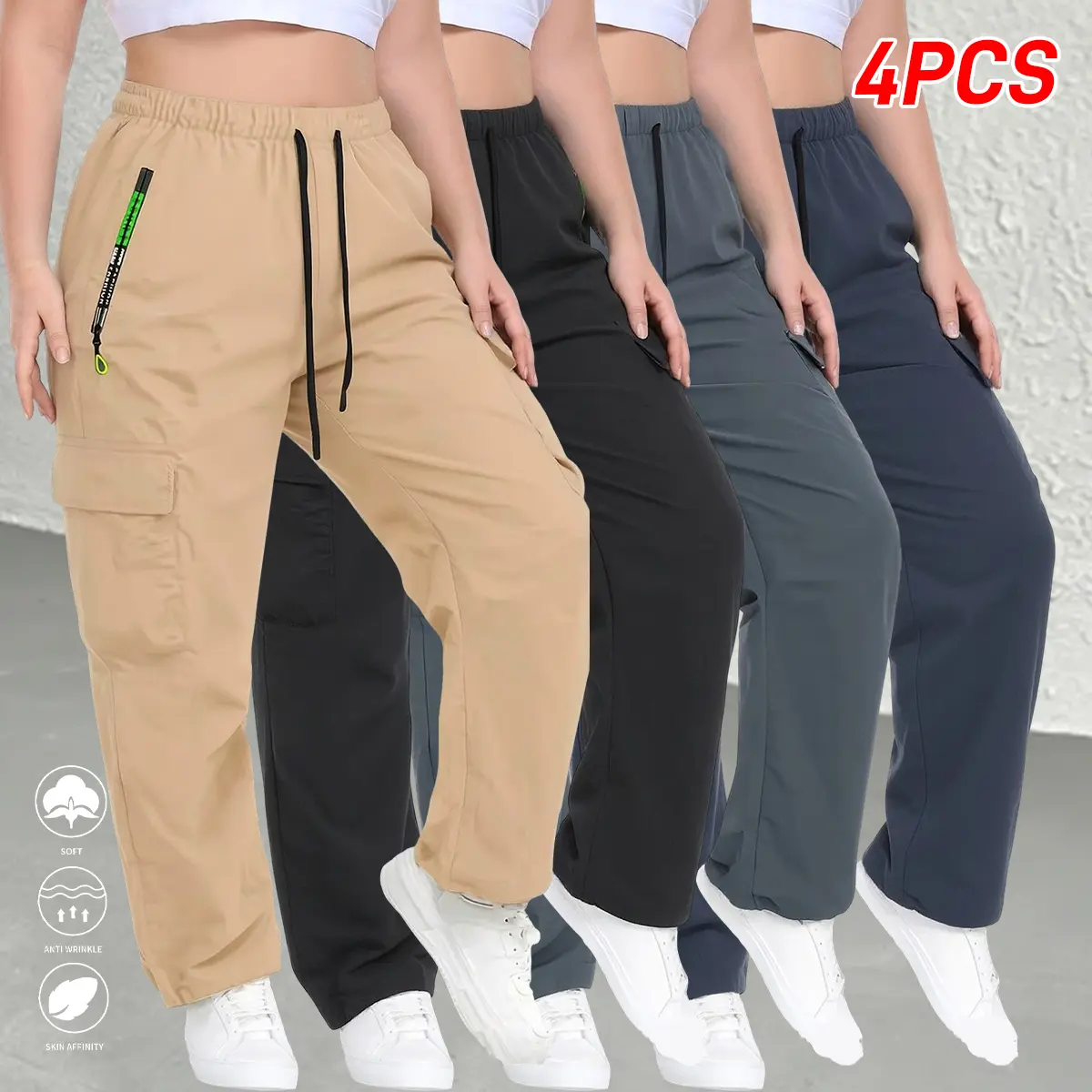 Pack of 4 women’s cargo pants—outdoor solid-color long cargo trousers with a drawstring elastic waistband and multiple pockets; perfect for outdoor sports, everyday work, walking, and running; loose, comfortable pocket design; suitable for all seasons; wo