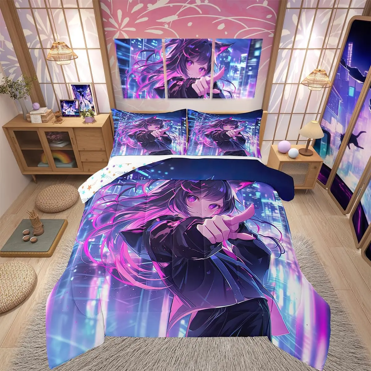 Feelyou Anime Girl 3D Digital Print Queen Theme Bedding Set - Cozy Aesthetic Polyester Fibre, Skin-Friendly Soft Lightweight, Set Includes Duvet Insert & Custom Image Blanket, Teen Room Ideas Decor, Travel Ready