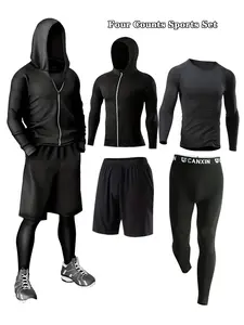Men's Zip Up Hooded Jacket & Long Sleeve Tee & Shorts & Leggings Sports Set, Quick Drying Breathable Comfortable Outfits for Gym Workout Running, Men's Sportswear Set for Fall & Winter, Workout Running Clothes