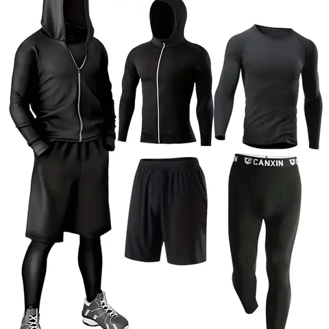 Men's 4-Piece Sportswear Set, Sporty Workout Activewear, Quick Dry, UV-Protective, Long Sleeve, Elastic Waist, Casual Style, Ideal for Gym, Running, Marathon