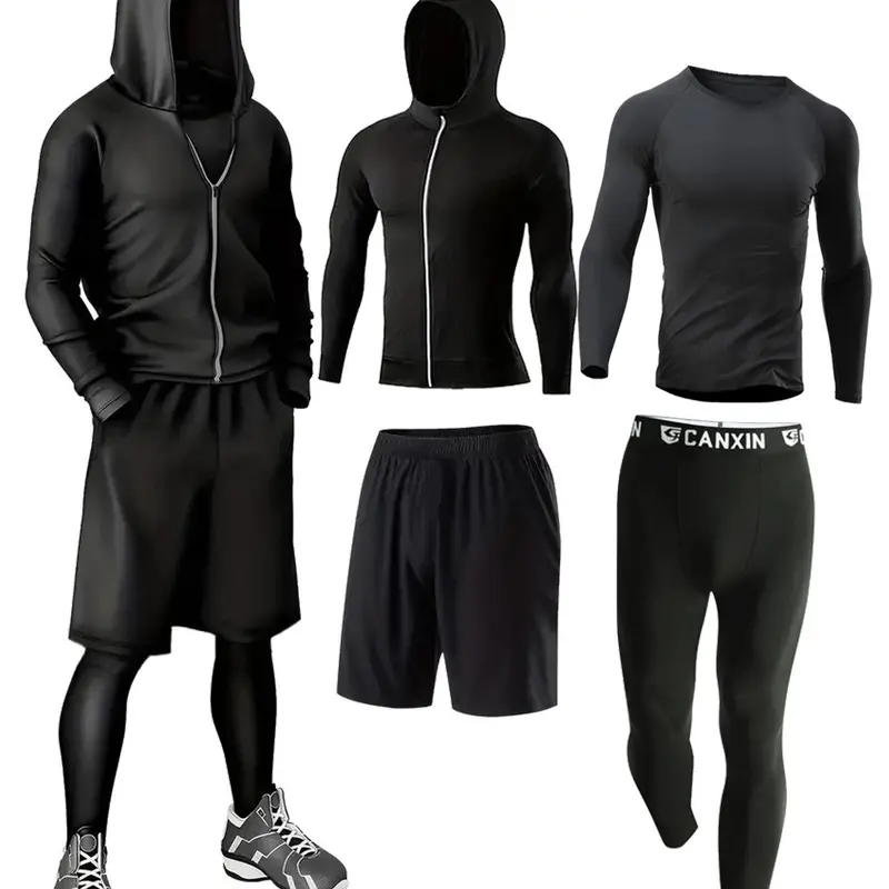 Men's 4-Piece Sportswear Set, Sporty Workout Activewear, Quick Dry, UV-Protective, Long Sleeve, Elastic Waist, Casual Style, Ideal for Gym, Running, Marathon