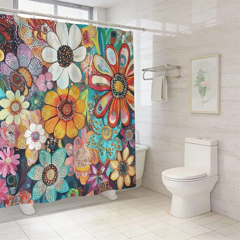 Turquoise Blue Floral Shower Curtain Set with Mat, Non-Slip Bath Rug, U-Shaped Pad, Toilet Lid, 71'' with 12 Hooks, Bathroom Decorations, Shower Essentials, Shower Curtain Set For Bathroom