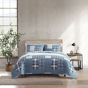 Eddie Bauer King Hawthorne Quilt Set Blue: Includes 2 Shams, Pre-Washed, Machine Washable