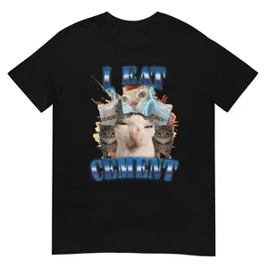 I Eat Cement Cursed Cat Funny Oddly Specific Dank Meme T-Shirt, Unisex Casual Short Sleeve T-Shirt Soft Cotton