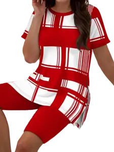 Women's Plaid Print Top & Shorts Set - Crew Neck, Breathable Polyester, Trendy Split Detail, Stretchy Fabric, Casual Summer Outfits - Womenswear, Clothes Lounge