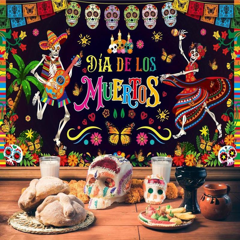 1pc 2D Flat Day of the Dead Banner, Dia de los Muertos Party Backdrop, Polyester Skull & Marigold Floral Decoration for Halloween Mexican Festival, No - Electricity Multipurpose Festive Supply