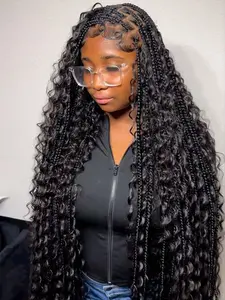 Synthetic Boho Box Braids Wigs With Curly Hair Ends For Black Women Knotless Full Lace Wigs Cornrows Bohemian Braided Wigs With Baby Hair 32Inch