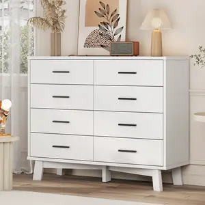 Dresser for Bedroom, 8 Drawer Wide Modern Chest of Drawers with X-Shaped Sturdy Base, Wood Double Dresser Closet Clothes Storage Organizer, Wooden TV Stand for Living Room, Hallway, White