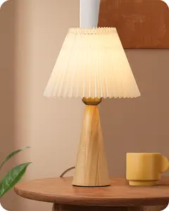EDISHINE 13.58" Small Table Lamp, with White Pleated Lampshade, ON-OFF Switch, E26 Socket, Burlywood Base-HLTL15E