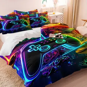 Neon Cyber Game Controller Duvet Cover Set & 1-2 Pillowcases, Fluorescent Game Controller Outline, Circuit Board Texture & Tech-Inspired Line Design, Soft Skin-Friendly, Futuristic Bedroom Decor, Gift Idea
