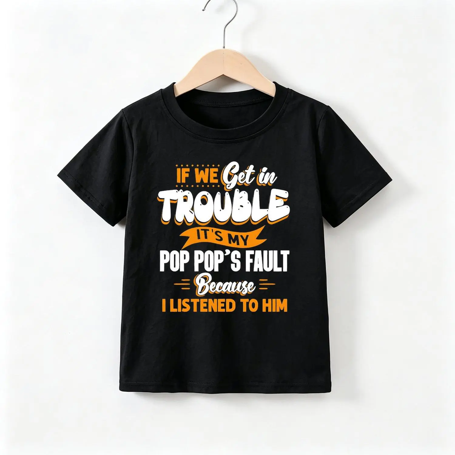 Boys' Pure Cotton Casual Summer Short-Sleeve Sports T-Shirt - Moderate Fit, Regular Cut, Prop 65 Safe, Printed Text "If We Get In Trouble Its My Pop Pops Fault" for Sports & Play