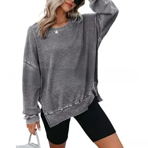 Women's oversized waffle knit round neck sports shirt long sleeved side seam casual pullover top