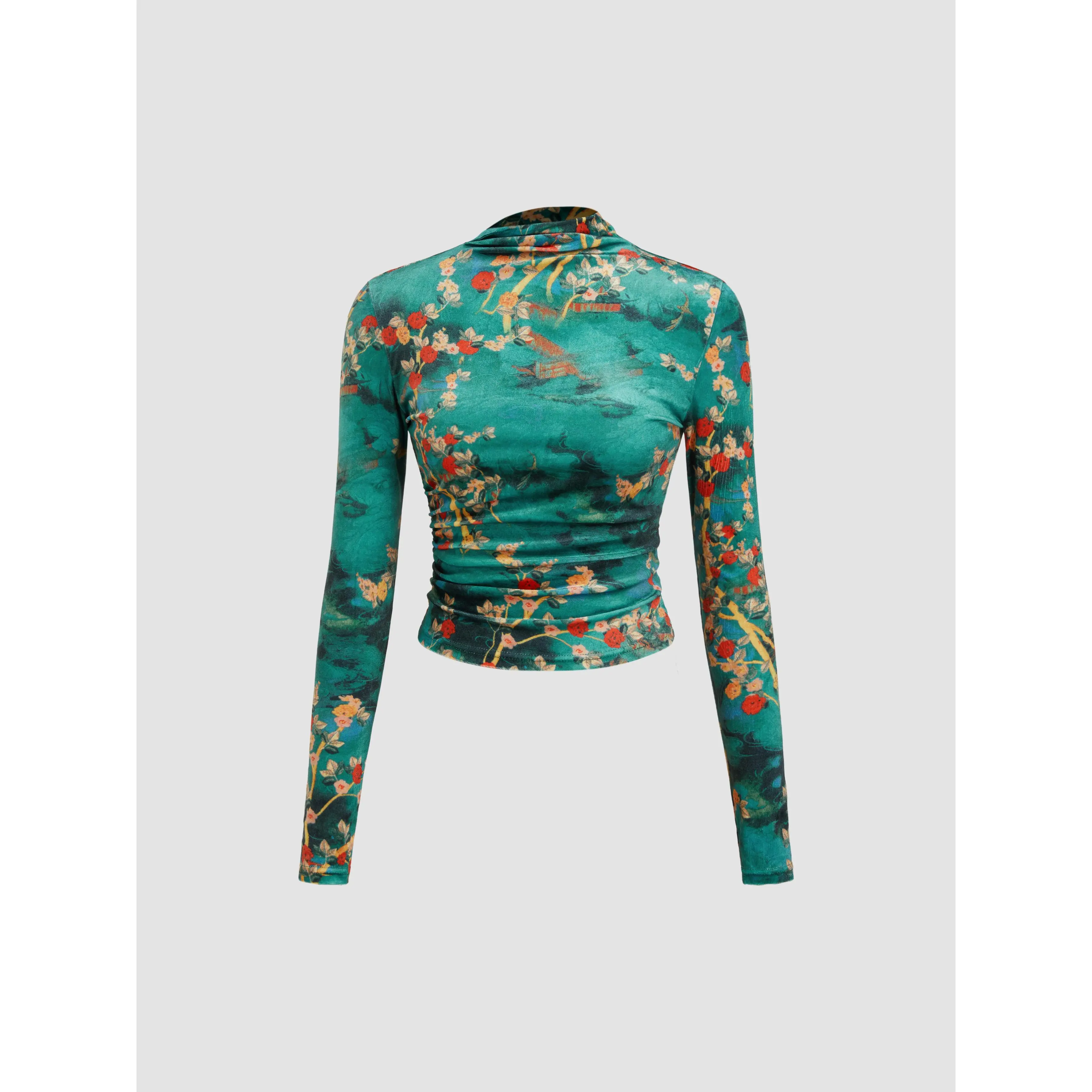 Cider Women's Knit High-Neck Floral Ruched Long-Sleeve Velvet Top