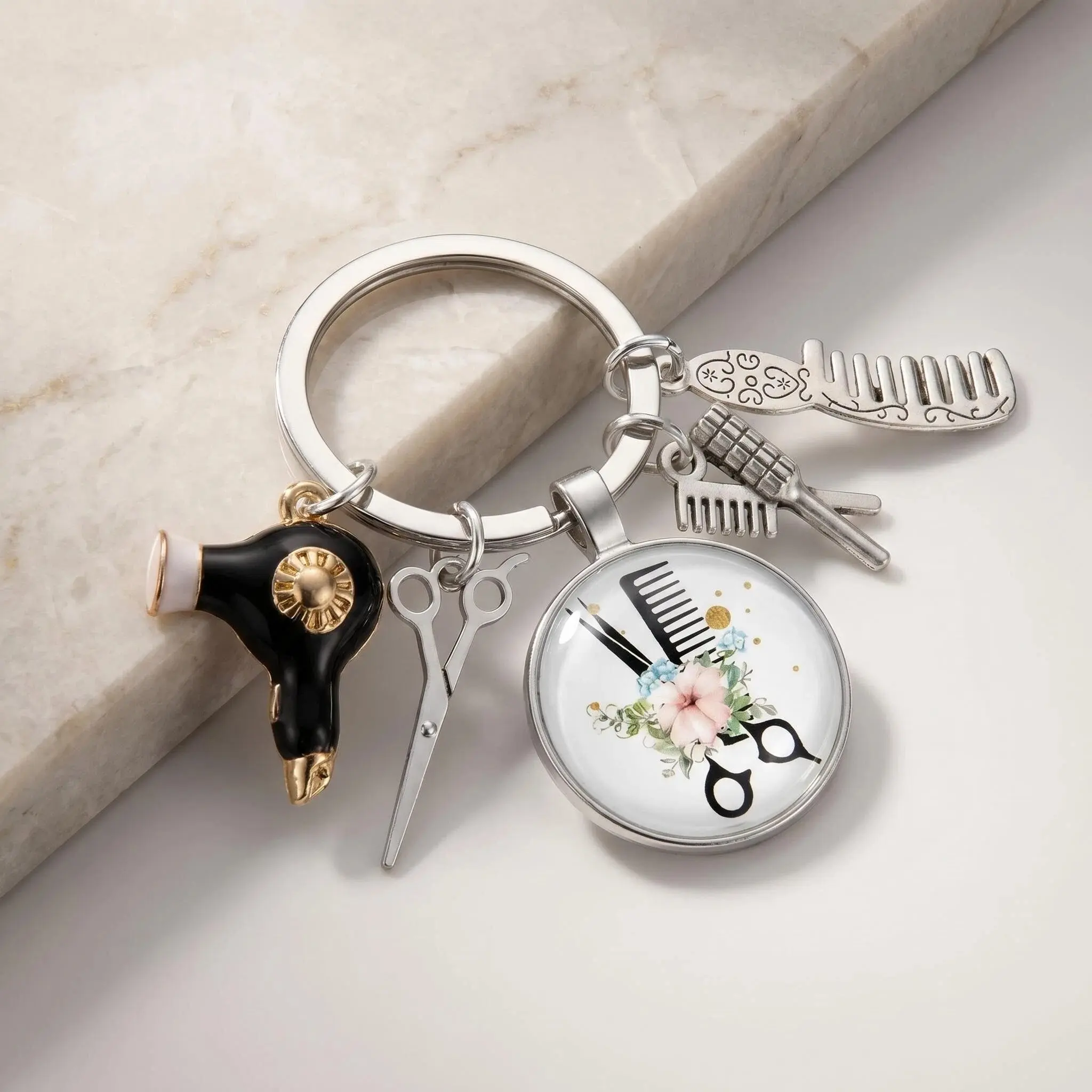 Women's Hairstylist Keychain - Platinum-Plated Zinc Alloy Accessory with Scissors, Comb, Hairdryer Charms, Buckle, 8.5cm Size, Micro Engraving, Ideal Gift for Beauty School Graduates & Hairdressers' Birthdays