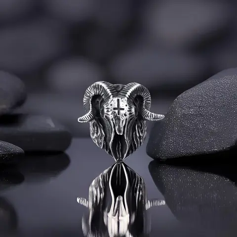 Men's Unique Gothic Fantasy Baphomet Skull Ring - Inverted Cross Goat Design, Hypoallergenic Oxidation-Resistant Stainless Steel Biker Band, Casual Goth Vibes Punk Finger Jewelry for Daily/Party Wear, Sizes 8-13