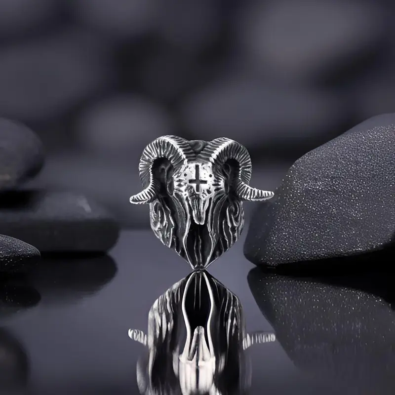 Men's Unique Gothic Fantasy Baphomet Skull Ring - Inverted Cross Goat Design, Hypoallergenic Oxidation-Resistant Stainless Steel Biker Band, Casual Goth Vibes Punk Finger Jewelry for Daily/Party Wear, Sizes 8-13