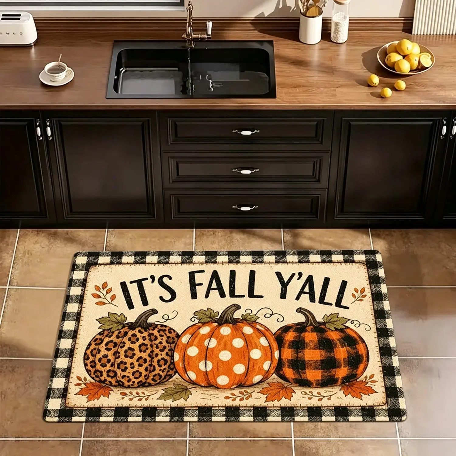 1pc Rectangular Welcome Mat, Pumpkin It's Fall Y'all Buffalo Plaid Printed Pattern, Nonslip and Dirtproof Washable Mat, Flannel Material Is Soft, Comfortable Suitable for Entrance Bathroom Kitchen RV Outdoor Decoration