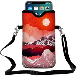 Braytow Neoprene Cell Phone Pouch 7.5 X 4.3 in Cloth Mobile Protection Case Bag with Crossbody Strap Neck Lanyard Cell Phone Case Abstract Mountain Landscape Moon