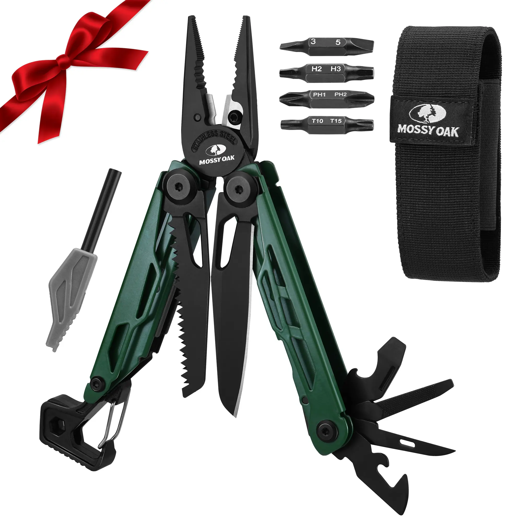 #fathersdaygift MOSSY OAK CNC-Machined Multitool Pliers, 27-in-1 Multi Tool with Pocket Knife, Fire Starter & Whistle, Bottle Opener, Screwdriver – Self-Locking Survival Tool for Camping & Hiking