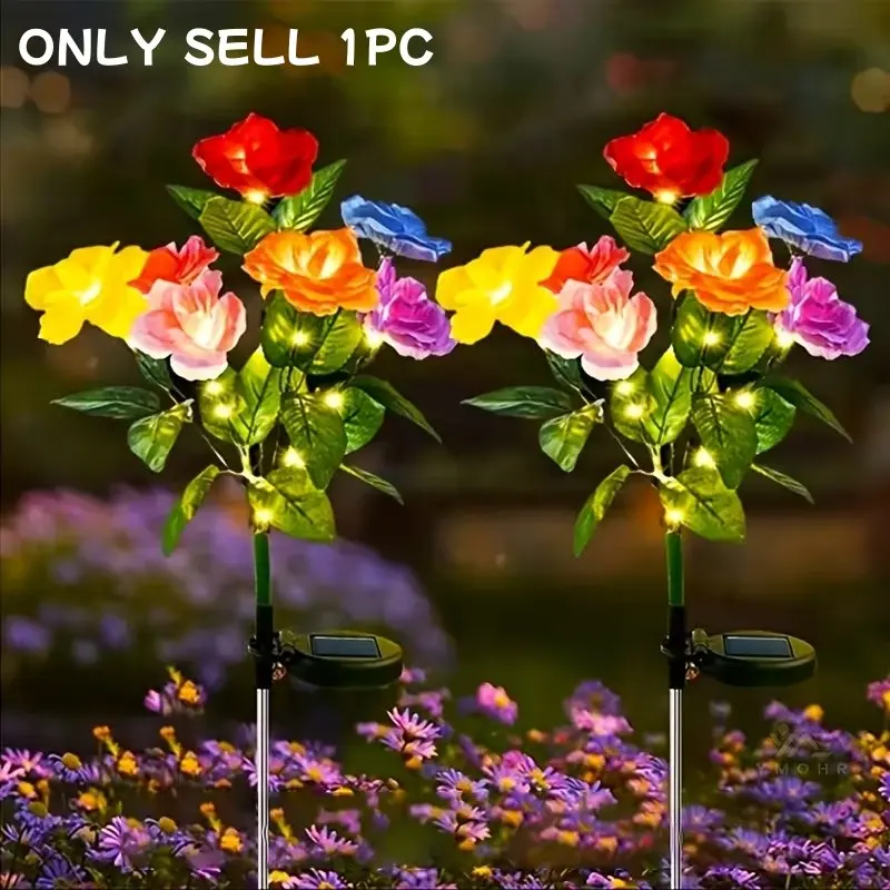 Solar LED Rose Flower Lamp, 7 Roses, Outdoor Waterproof LED Garden Decoration Post Light, Smart Light Sensor, Pathway Landscape Lighting, Solar Garden Lights, Garden Glow Light, Solar Decorative Lights
