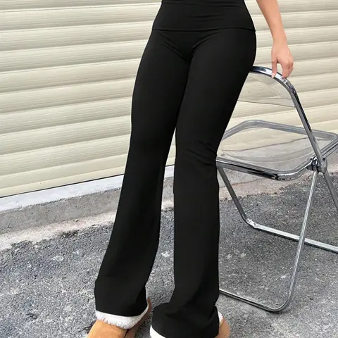 Women's Solid Fold Over Waist Flare Leg Pants, Casual Comfy Basic Bootcut Trousers for Spring & Fall, Women's Bottoms for Daily Wear, Airport Outfit, Casual Style Bottoms, Womenswear