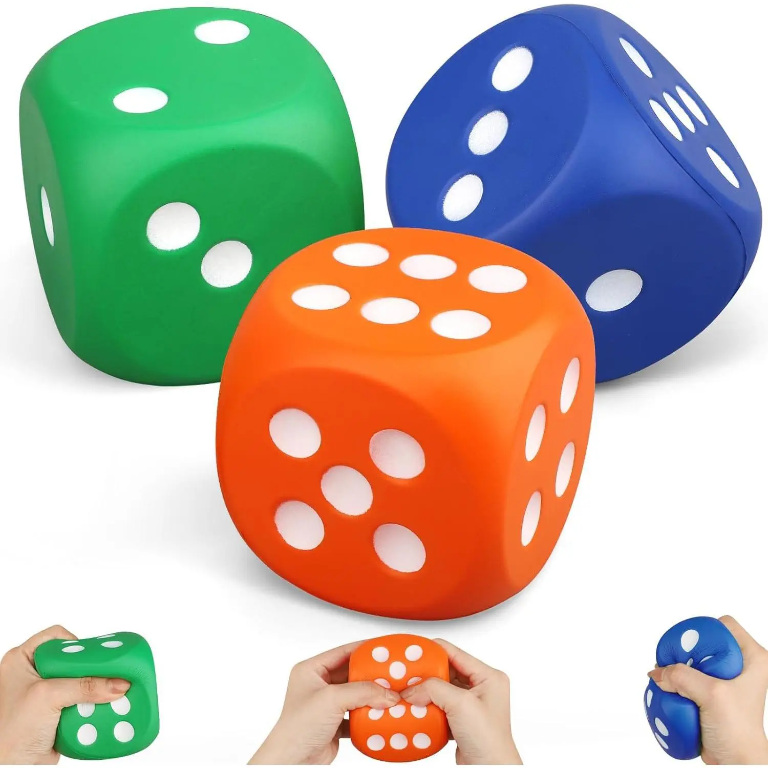 Large 3 Inch Foam Fidget Dice Toys, Jumbo Stress Toy Relief Big Dice, Squeeze Squishy Giant Large Fidgets Cube for Family Board Game Classroom Party Favors Bag Stuffer (3 Pack)