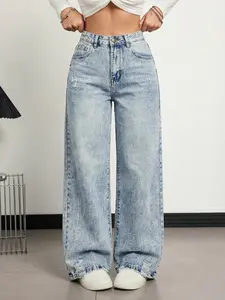 Women's Casual Denim Jeans, Simple Fashion Style, Loose Straight Leg, Non-Elastic, Perfect for Daily Wear, All Seasons