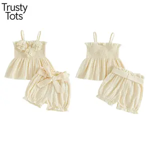 Trusty Tots 2Pcs Toddler Girls Summer Outfits Sleeveless 3D Flower Decor Smocked Vest Tops and Elastic Waist Bloomer Shorts Toddler Baby Girls Summer Outfit Solid Color Cutout Pleated
