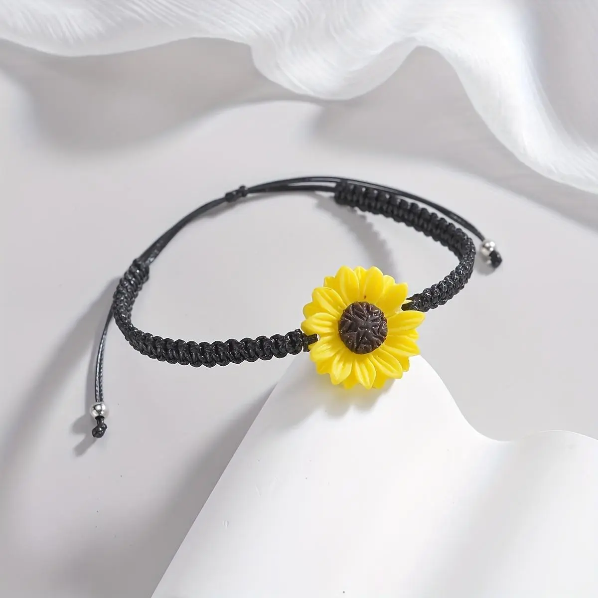 Women's Boho Anklets with Resin Sunflower Motif, Adjustable Woven Fabric Wearable Jewelry, Fashion Chic Accessories, Flowers, Adjustable Wrap, Casual, Female, All Seasons, Adjustable Length